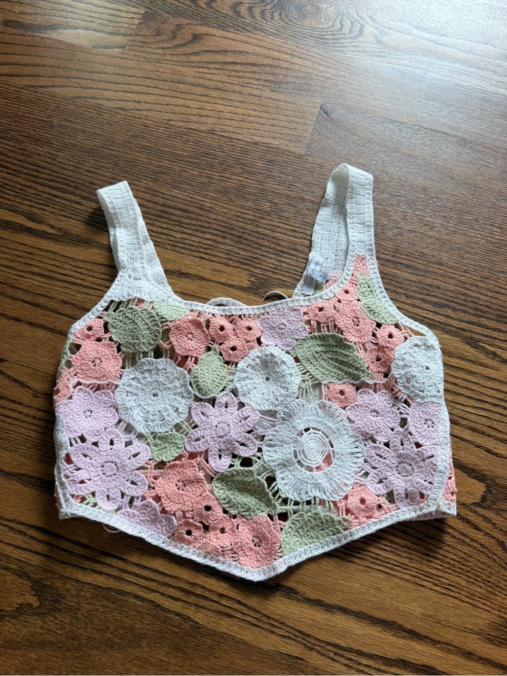 Crochet Floral Crop Top in White, Pink & Green S